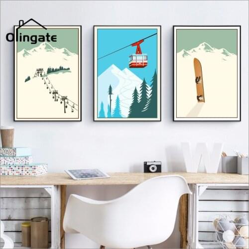 Ski In Snow Mountain Canvas Painting Winter Sports Canvas Poster Cartoon Vintage Travel Wall Art for Living Room Home Decoration