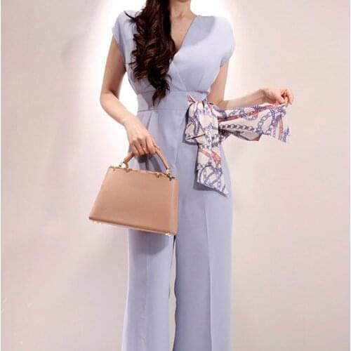New arrival ladies fashion high quality summer beach v-neck jumpsuit high waist elegant work style trend long pant jumpsuit