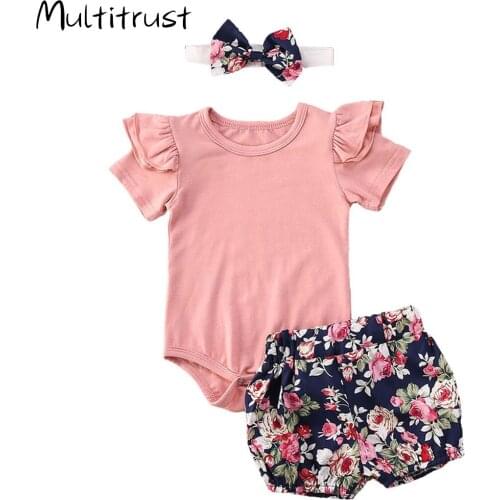 Multitrust 3Pcs Newborn Baby Girls Short Sleeve Ruffle Romper Tops Floral Shorts Headband Summer Outfits 0-24M
