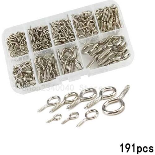 191Pcs/set eye shape screw hooks Kit Assortment Ceiling Hooks Cup Hooks nickel Plated Self Tapping Screws Diy Jewelry Making
