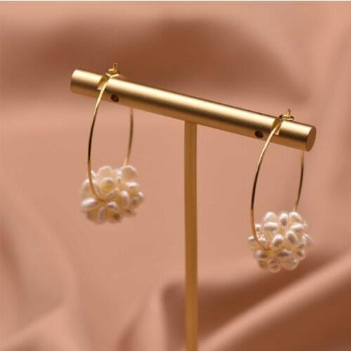 Natural Freshwater White Pearl Hoop Earrings Woman Ear Pins Flower Ball Shape Fine Jewelry Handmade Circle Earrings Accessories