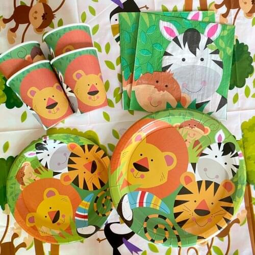 Omilut Jungle Safari Birthday Party Decor Jungle Animal Disposable Plates/Cups/Napkins Wild One Baby Shower 1th Birthday Party S