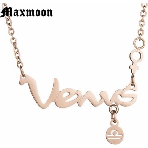 Maxmoon Men Women Constellations Charm Necklaces & Pendants Solid Rose Color Stainless Steel Libra Necklace For Lovers