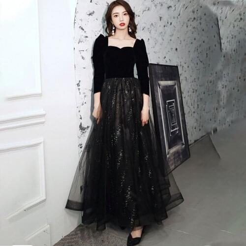 Special Occasion Dress Illusion Square Collar Full Sequined A-Line Luxury Black Tulle Lace Backless Vintage Women Prom Gown E930