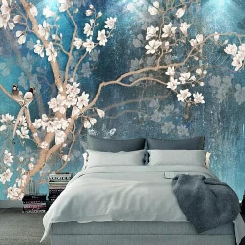 Custom 3D mural wallpaper retro hand-painted magnolia background wall retro blue elegant oil painting decorative mural wallpaper