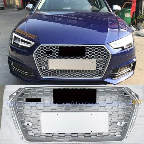 RS4 style Honeycomb Silver Grill Grille For Audi A4 S4 B9 2017 17 2018 18 2019 19 Chorme Trim Rings