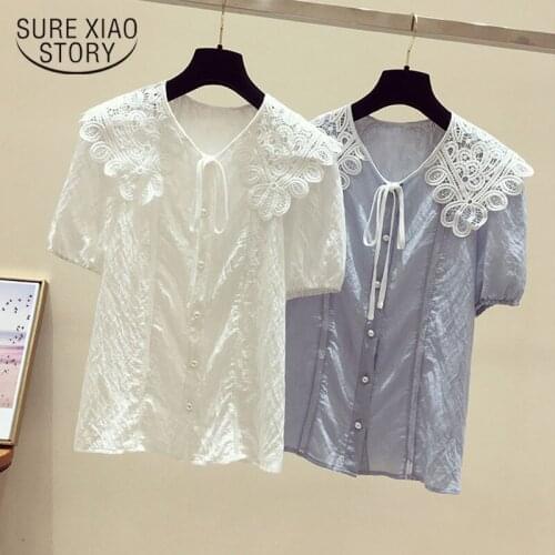 Doll Collar Lace Stitching Chiffon Blouse Womens Short Sleeve Top Summer 2021 New Fashion Belly Cover Elegant Sweet Shirt 14747
