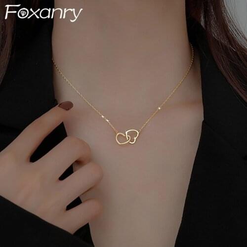 Foxanry 925 Sterling Silver Wedding Necklace INS Fashion Creative LOVE Heart Pendant Clavicle Chain Elegant Bride Jewelry Gifts