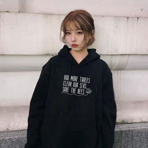 Letter Bee Print Kawaii Hoodie Womens Sweatshirt Korean Style Casual Young Streetwear Winter Harajuku Hoody Girl Friends