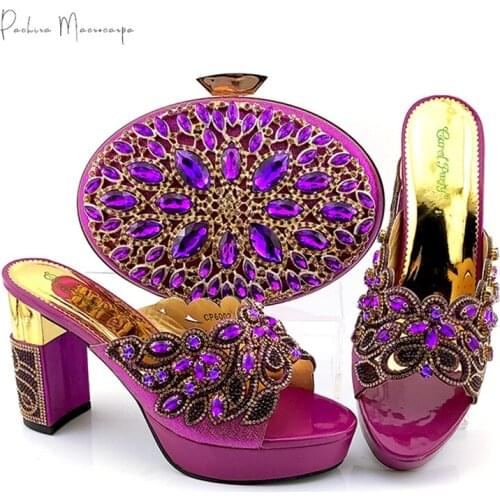 2021 Italian Design Nigerian Fashion Style Women Shoes and Bag Set Decorated With Rhinestone in Purple Color for Party Wedding