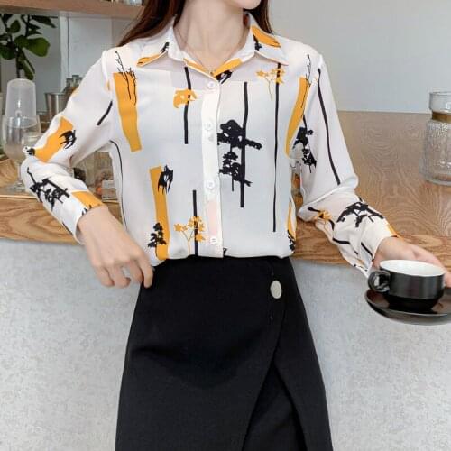 2021 Spring And Autumn New French Vintage Floral Print Chiffon Shirt Womens Design Sense Ladys Long Sleeve Blouses