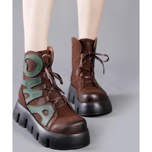 2021 New Winter Warm Shoes Women Boots Genuine Leather Graffiti Round Toe Lace-Up Handmade Leisure Boots for Women Zapatos Mujer
