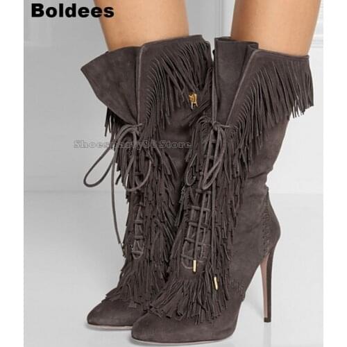 Discount solid Leather grey color lace up fringed mid-calf boots women pointed toe side zipper thin high heels tassels boot