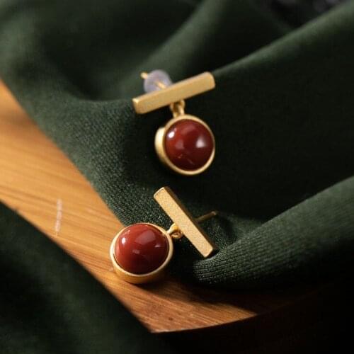 S925 Sterling Silver Southern Red Agate Inlaid Natural Hetian Jade South Red Graceful Personality Womens Earrings Eardrops Earr