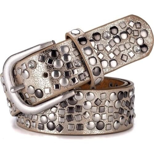 Female designer genuine leather wide rivets punk jeans cool belt cinturon mujer belts for women ceinture femme luxury 914-A140