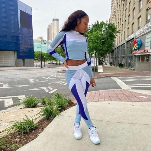 Streetwear Women 2 piece sets womens outfits Color Blocking Casual Activewear Long Sleeve Tops+Sheath Body-Shaping Pants