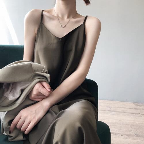 2021 New Satin Sling Dress Female Long V-neck Temperament Is Thinner and Base Long Skirt