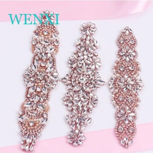 1pcs)Hand Wedding Bridal Rhinestone Appliques Iron On Bridal Accessory Jewerly Wedding Dress Belt Rose Gold Rhinestone Applique