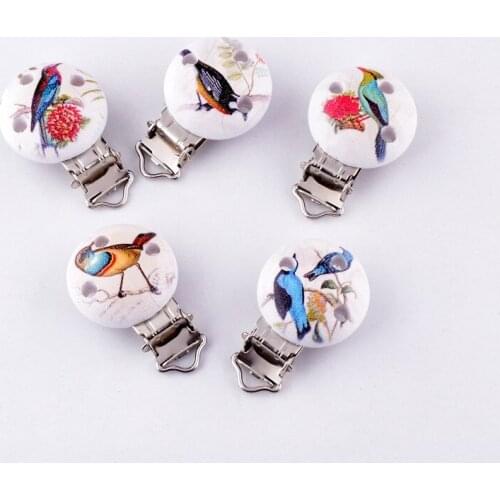 10 Baby Pacifier Clips Mixed Pattern Bird White Wood Metal Holders Cute Infant Soother Clasps Funny Accessories 4.4x2.9cm