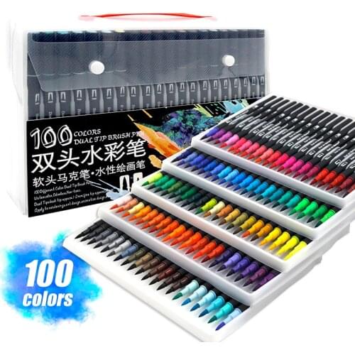 100 Color Pens Watercolor Markers Brush Pen Dual Tip Fineliner Drawing for Coloring Art Markers Set Water Coloring