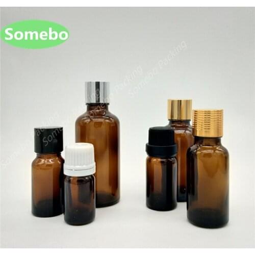 200Pcs/lot 5ml,10ml Amber Glass Essential Oil Bottle with Orifice Reducer and Cap, Empty Brown Glass Essence Oil Bottles
