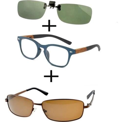 3Pcs!!! Comfortable Wooden Squared Frame Reading Glasses for Men Women + Alloy Polarized Sunglasses Outdoor + Sunglasses Clip