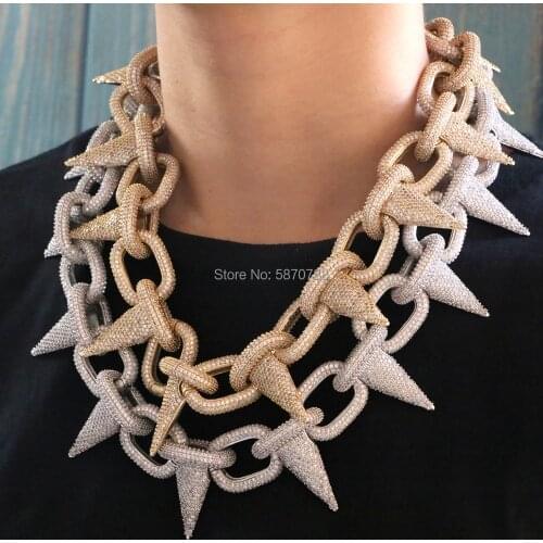 50mm hip hop big Yellow Gold color iced out bling Spiked Wallet Chains ZIRCON paved Spikes Choker copper Necklace chain for men