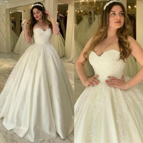 Elegant Satin Wedding Dress 2021 Ball Gown Vestidos De Noiva Plus Size Beads White Bridal Gowns for Women Strapless ドレス
