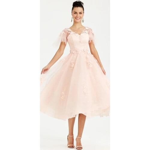 A-Line V Neck Tea Length Tulle Elegant / Pink Cocktail Party / Wedding Guest Dress with Appliques 2020