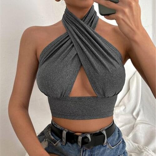 Hirigin Women Cross Halter Neck Crop Top Sleeveless Backless Sexy Camisole Female Hollow Out Exotic Tanks Lingerie Night Party