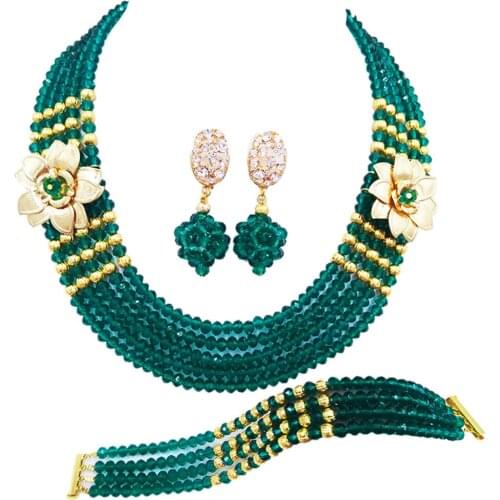 Fashion Army Green Crystal Beaded Multi Strands Necklaces Sets Nigerian Wedding African Beads Jewelry Set 5-XSH20
