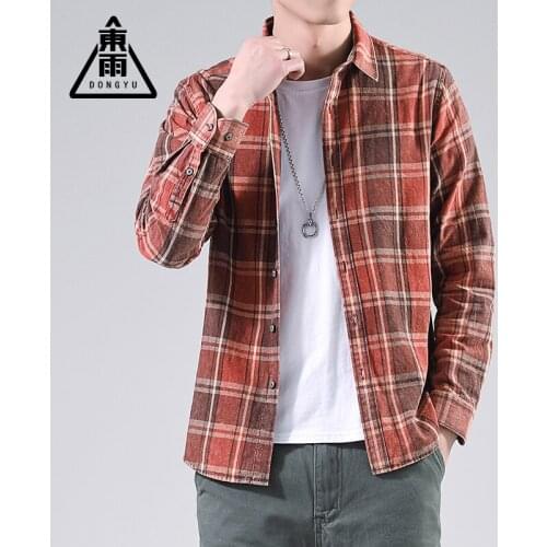 2021 New Cotton Long Sleeved Mens Shirt Spring Autumn Red Plaid Shirt Slim Fit Stand-up Collar Mens Jacket