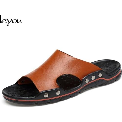 Men Leather Slipper Sandal Shoes Beach Slippers Flip Flops Sandalet Mens Sandals Summer Shoes Open Toe Leather Slides
