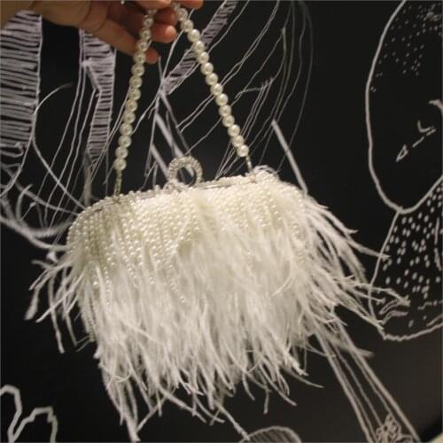 Luxury Handbags Women Pearl Bags Designer Ostrich Feather Handbags Diamond Knuckle Rings Dinner Evening Clutch Bag Chain Purse