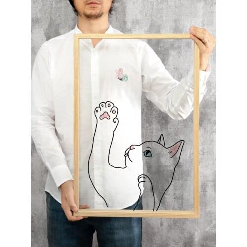Nordic Transparent Glass Mural Line Cat Painting Solid Wood Frame Modern Simple Creative Sitting Room Porch Decorative Picture