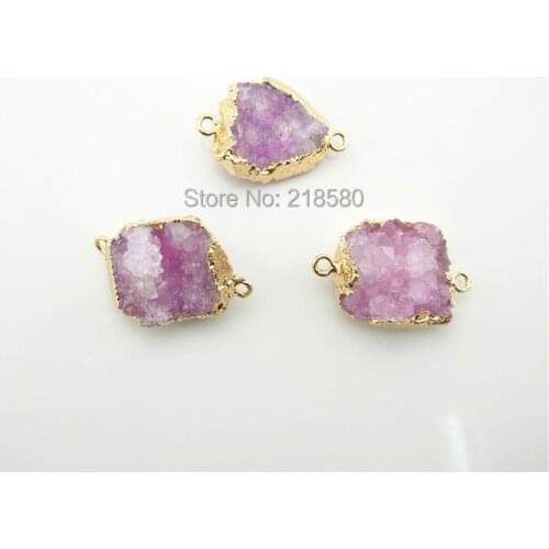 SP-04301 24K Gold Electroplated Rose Pink Agates Druzy Crystal Double Bail Pendant