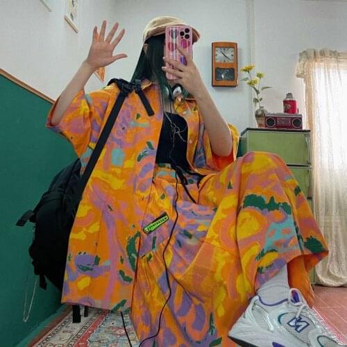 Street hip hop Retro Tie dye color printing short sleeve shirt short skirt suit summer womens new fashion