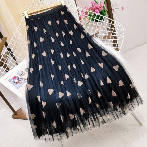 Korobov Korean Sweet Mesh Love Print Women Skirts 2021 Autumn New Midi A-Line Skirt Japanese Kawaii Preppy Style Faldas Mujer