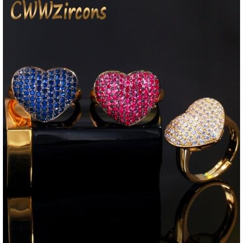 CWWZircons Resizable Gold Color Blue Cubic Zirconia Crystal Love Heart Shape Promise Rings for Wedding Women Party Jewelry R185