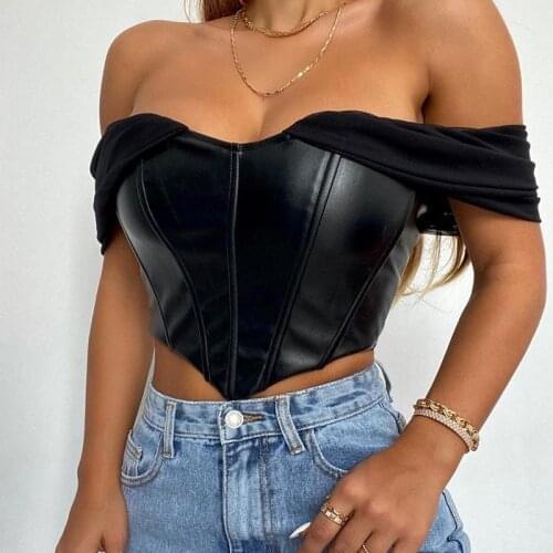 Sexy PU Leather Crop Tops Women Mesh Patchwork Backless Zipper Backless Tube Top Shirt Slim Summer Vest Club Streetwear