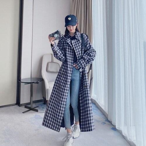 2020 new Spring Autumn Plaid stitching Long Trench Coat Women British style Korean style Loose Windbreaker Coats m613