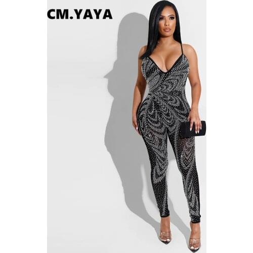 CM.YAYA Women Jumpsuit Solid Diamonds Sleeveless Strap V-neck Backless Skinny Stretchy Pencil Jumpsuits Elegant Outfit Summer