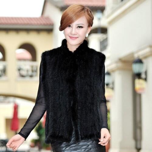 Autumn Winter Womens Genuine Natural Knitted Mink Fur Vest Mandarin Collar Waistcoat Lady Gilet VF0353
