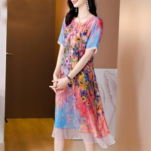 Summer Vintage 4XL Plus Size Beach Dress 2021 Casual Print Chiffon Mulberry Silk Midi Dress Women Elegant Bodycon Party Vestidos