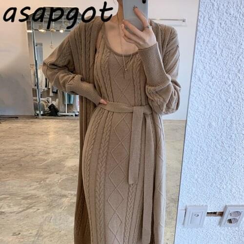 Asapgot Winter Thick Long Twist V Neck Cardigan Sweater Belt Khaki Knitted Strap Dress Women Fashion Sets Retro Elegant Chic