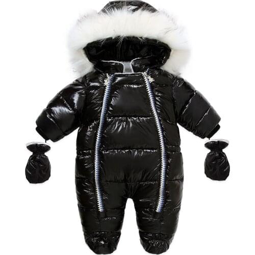 Newborn Baby Winter Coats Hooded Romper Solid Color PU Leather Jumpsuit with Foot Covers Gloves Zipper Footies Snow Wear