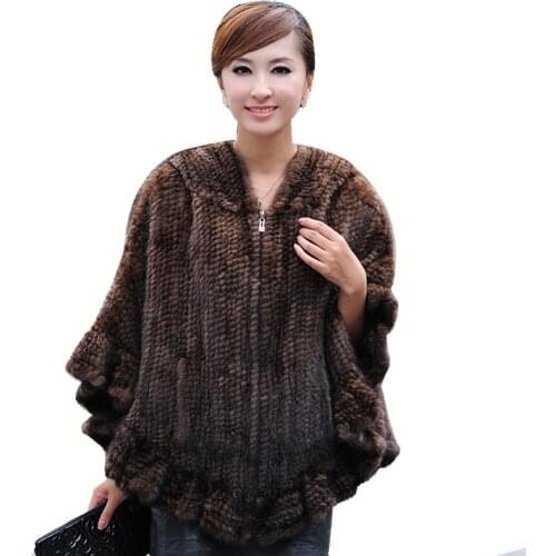 Winter Womens Genuine Real Knitted Mink Fur Shawl Ruffle Hem Hooded Cape Poncho Lady Warm Pashmina VF1045