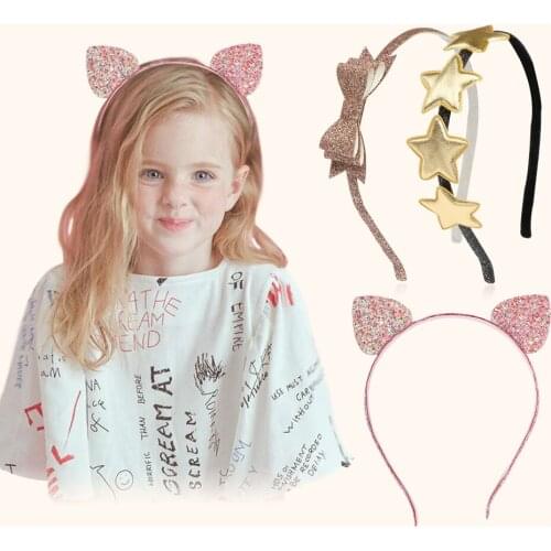 1 PC KIDS Cute Pink Glitter Cat Ear Hard Headband Gold Star PU Hairband Double Layer Bowknow Shiny PVC Non-slip Hair Accessories