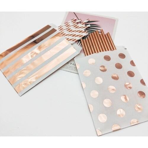 100pcs/lot Foil Gold Polka Dot/Stripe/Star Paper Bags & Paper Straws Wedding Party Candy Gift Bag for Birthday Anniversary Party