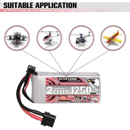 2 PCS CDOOAR 1250mAh 2S 130C 7.4V Lipo Battery XT60 Plug FPV Racing Drone Rc Quadcopter BateFPV 95X Parts